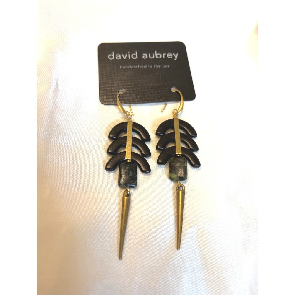 David Aubrey Handcrafted Geometric Black Green Brass Boho Earrings